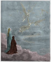 Paradiso, Gesang 18: Dante und Beatrice in die Sphäre des Jupiter versetzt, Illustration aus Die Göttliche Komödie von Dante Alighieri, 1885 (digital kolorierte Gravur)